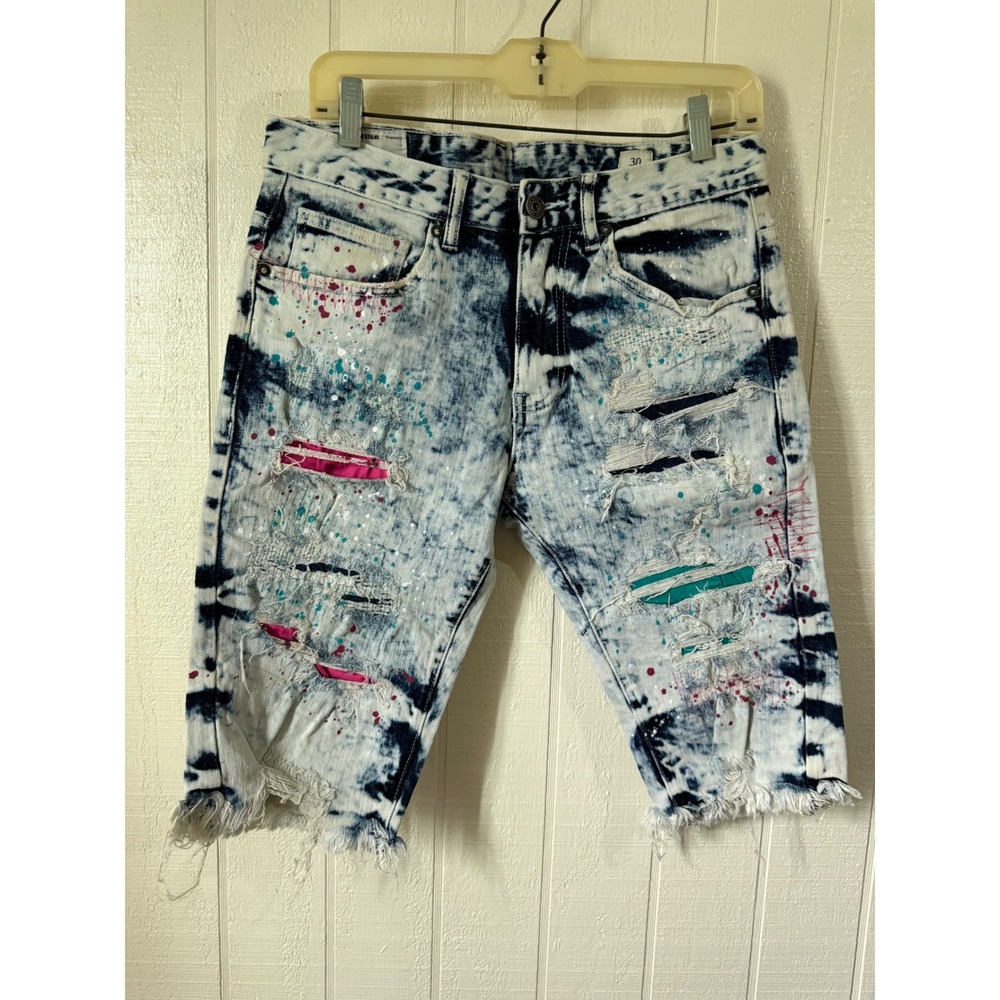 Smoke Rise Men Acid Wash Distressed Paint Splatter Denim Shorts 30 Streetwear